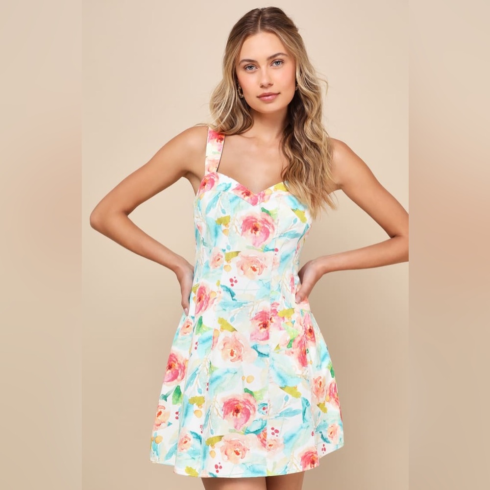 Lulu’s Cute Option White Multi Floral Sleeveless Mini Dress